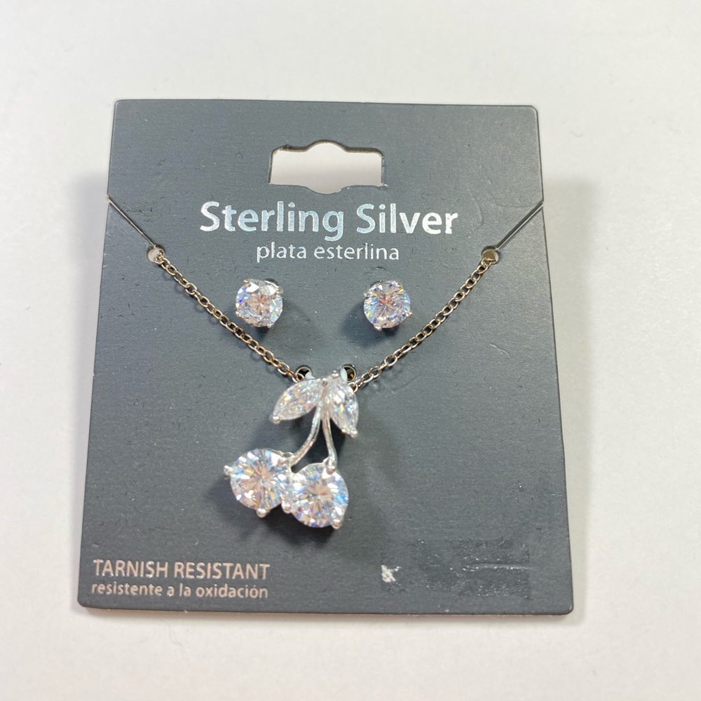 Sterling Silver Cherry Necklace with Earrings